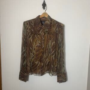 Womens ECI Silk Blouse Brown Patterned Button Front Size L EUC!